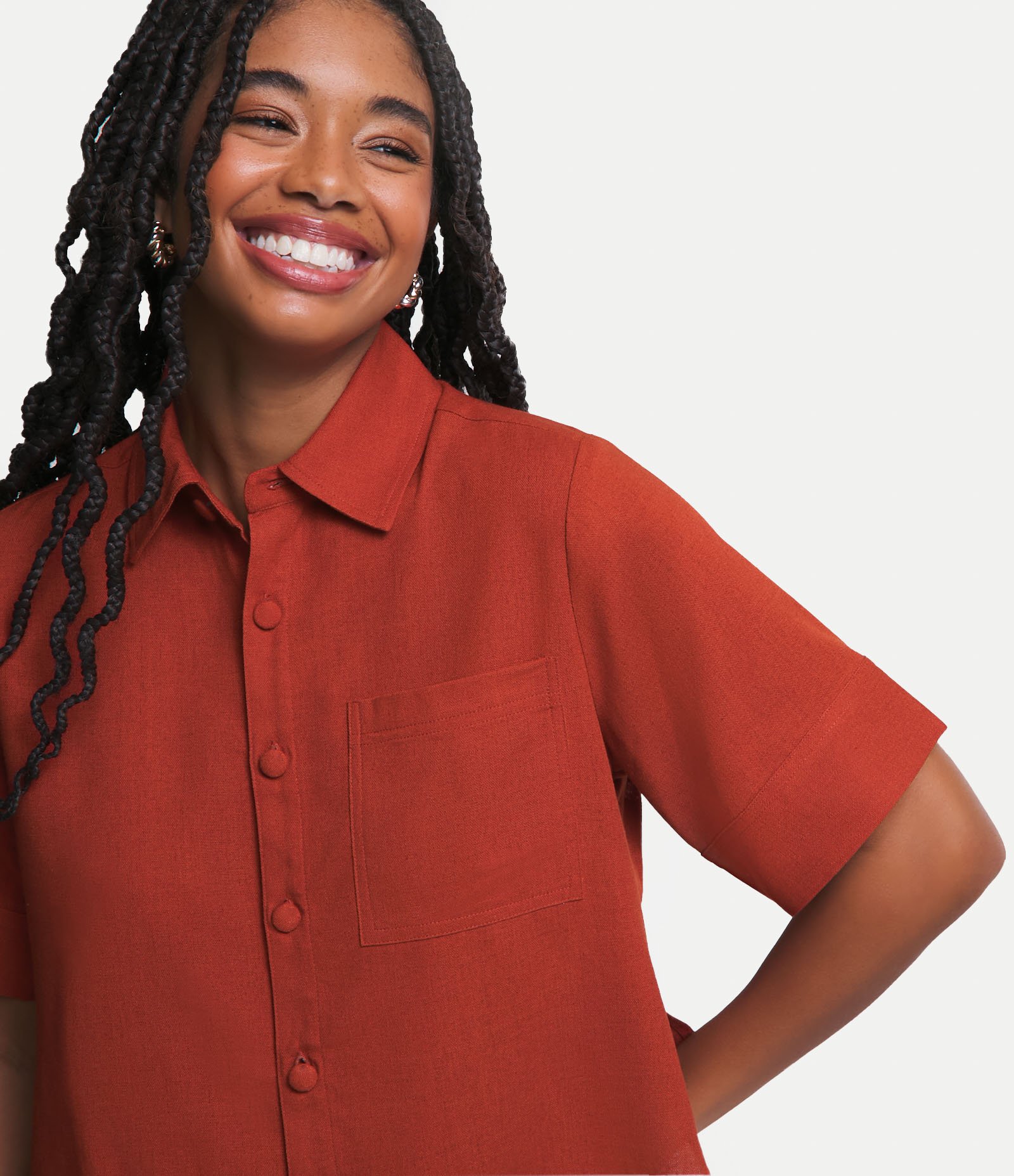 Camisa Curta em Linho com Barra Arredondada Vermelho Telha 3