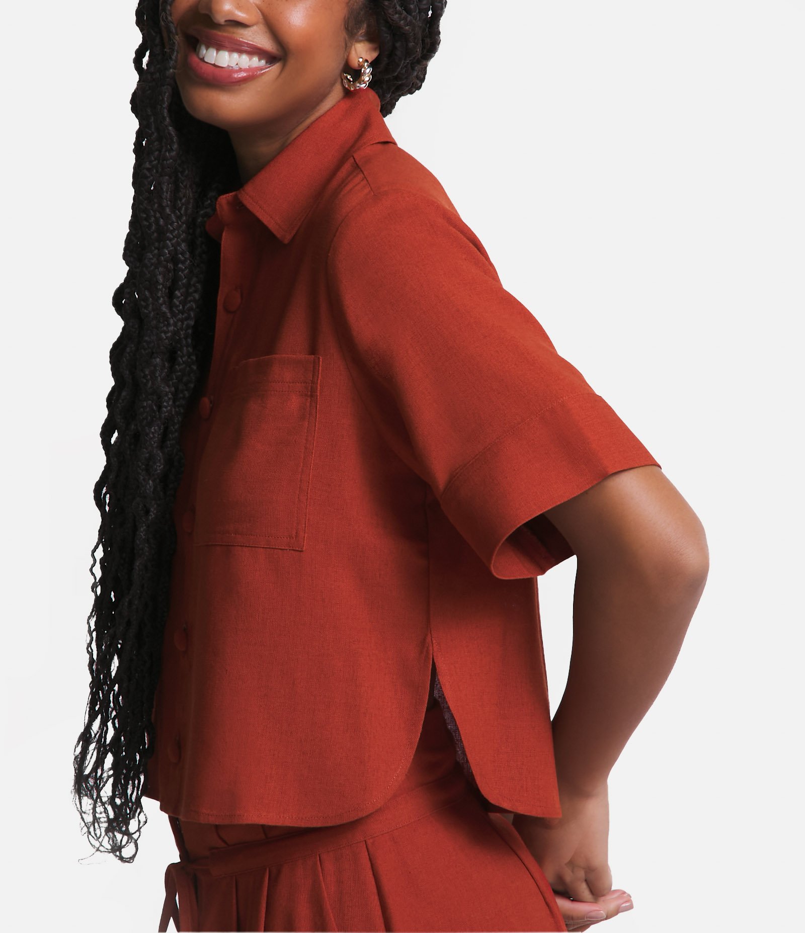 Camisa Curta em Linho com Barra Arredondada Vermelho Telha 4
