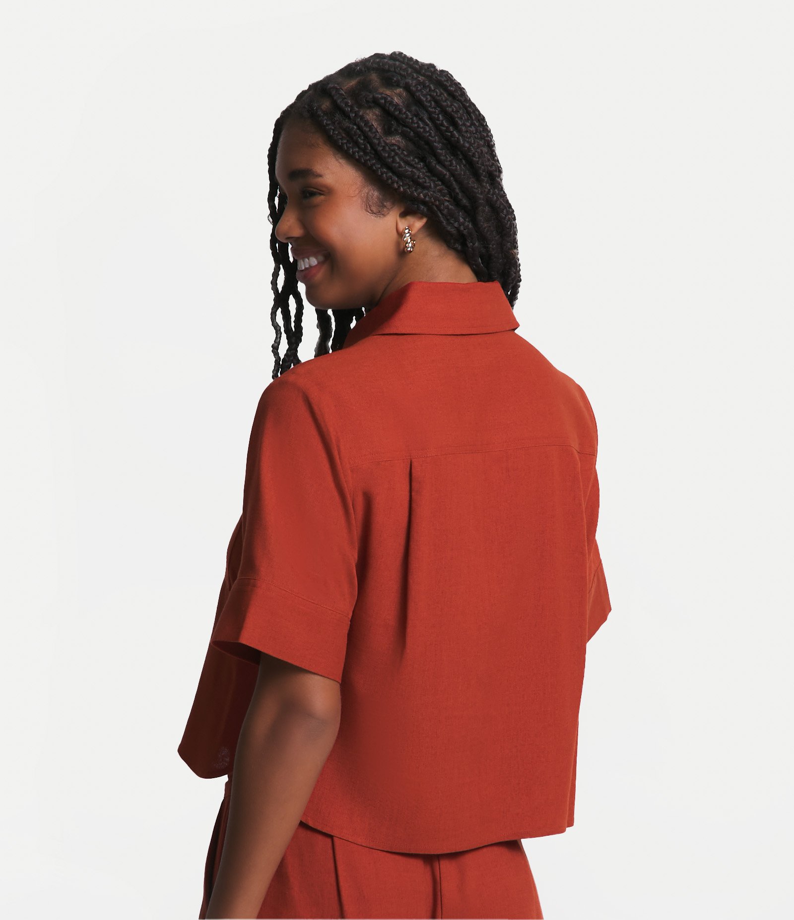 Camisa Curta em Linho com Barra Arredondada Vermelho Telha 5