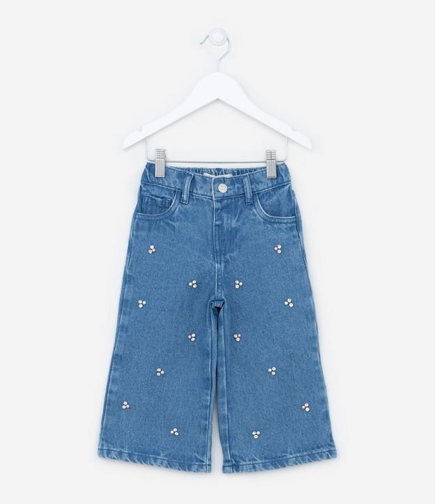 Calça Jeans Infantil Wide Leg com Pedrarias - Tam 1 a 5 anos