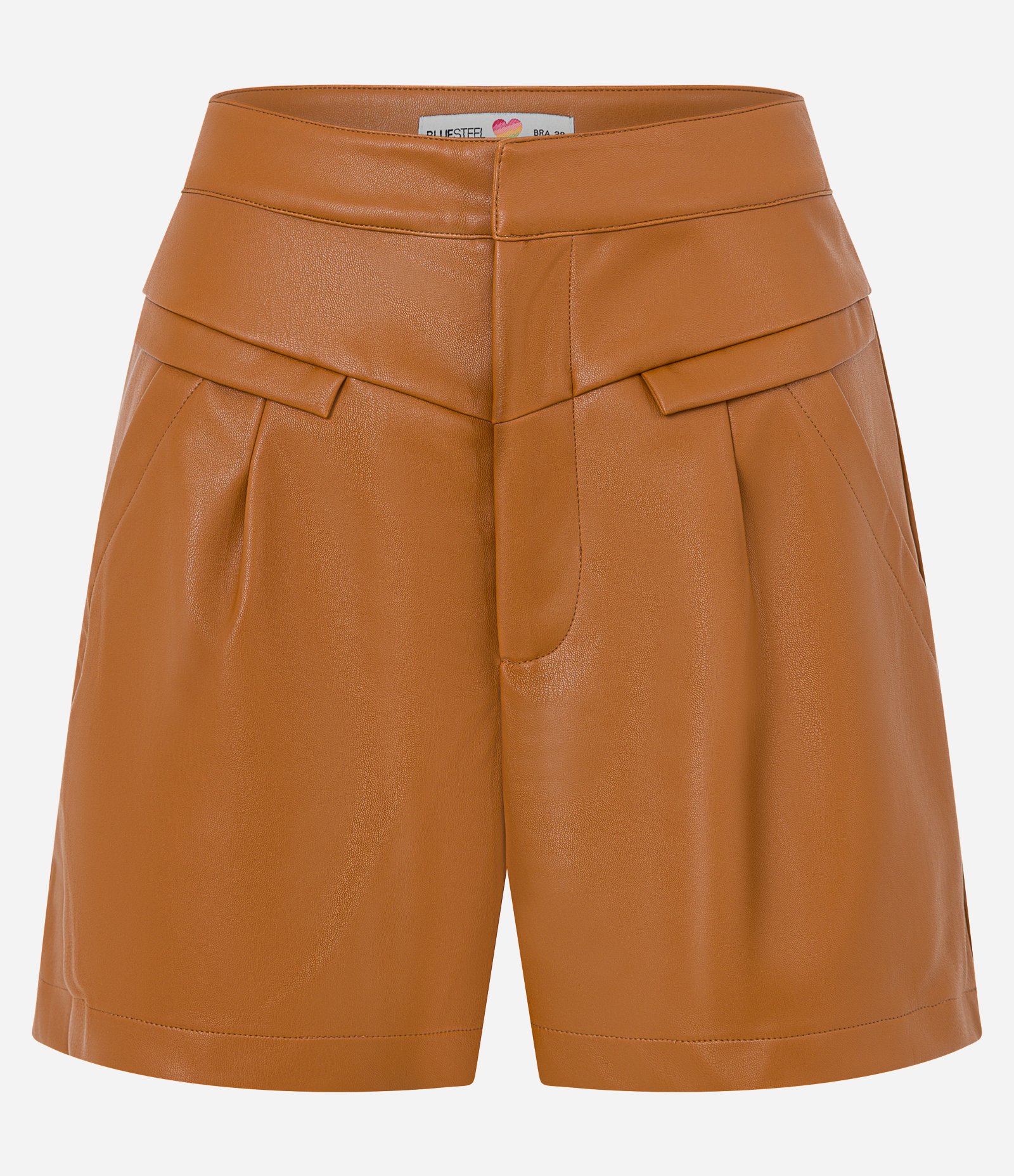 Short Curto em PUcom Recortes e Bolsos Marrom Caramelo 5