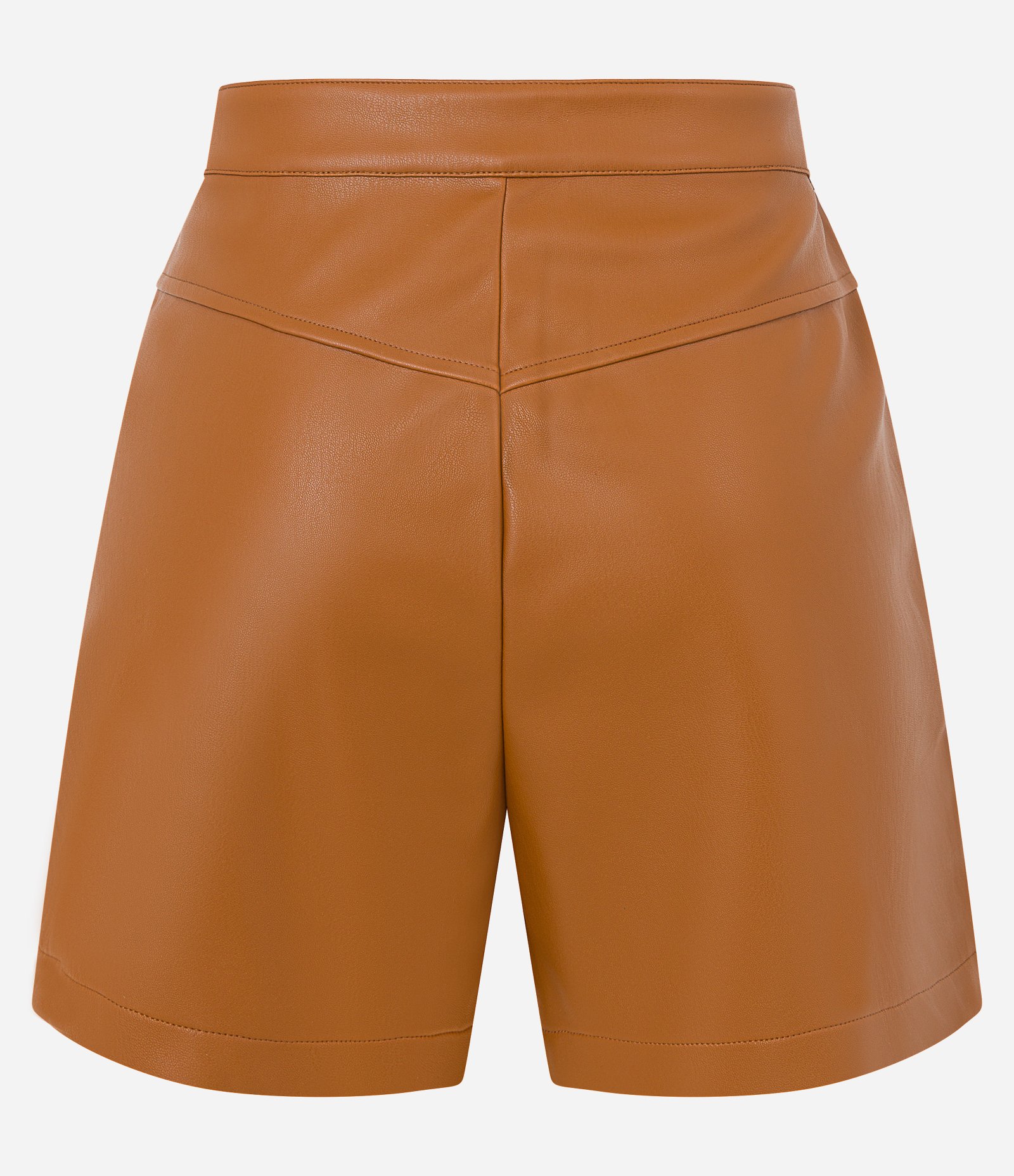 Short Curto em PUcom Recortes e Bolsos Marrom Caramelo 6