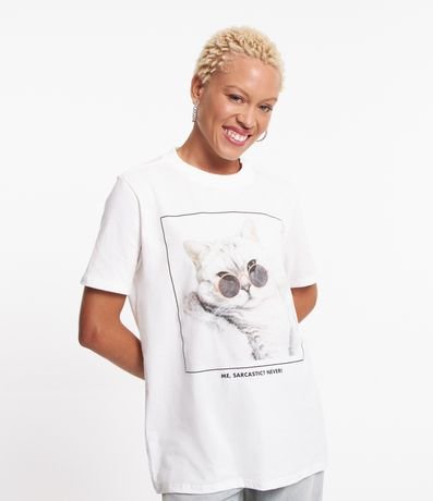 Camiseta Alongada em Meia Malha com Estampa Gatinho Sarcastic Menor preço em Camiseta Alongada em Meia Malha com Estampa Gatinho Sarcastic
