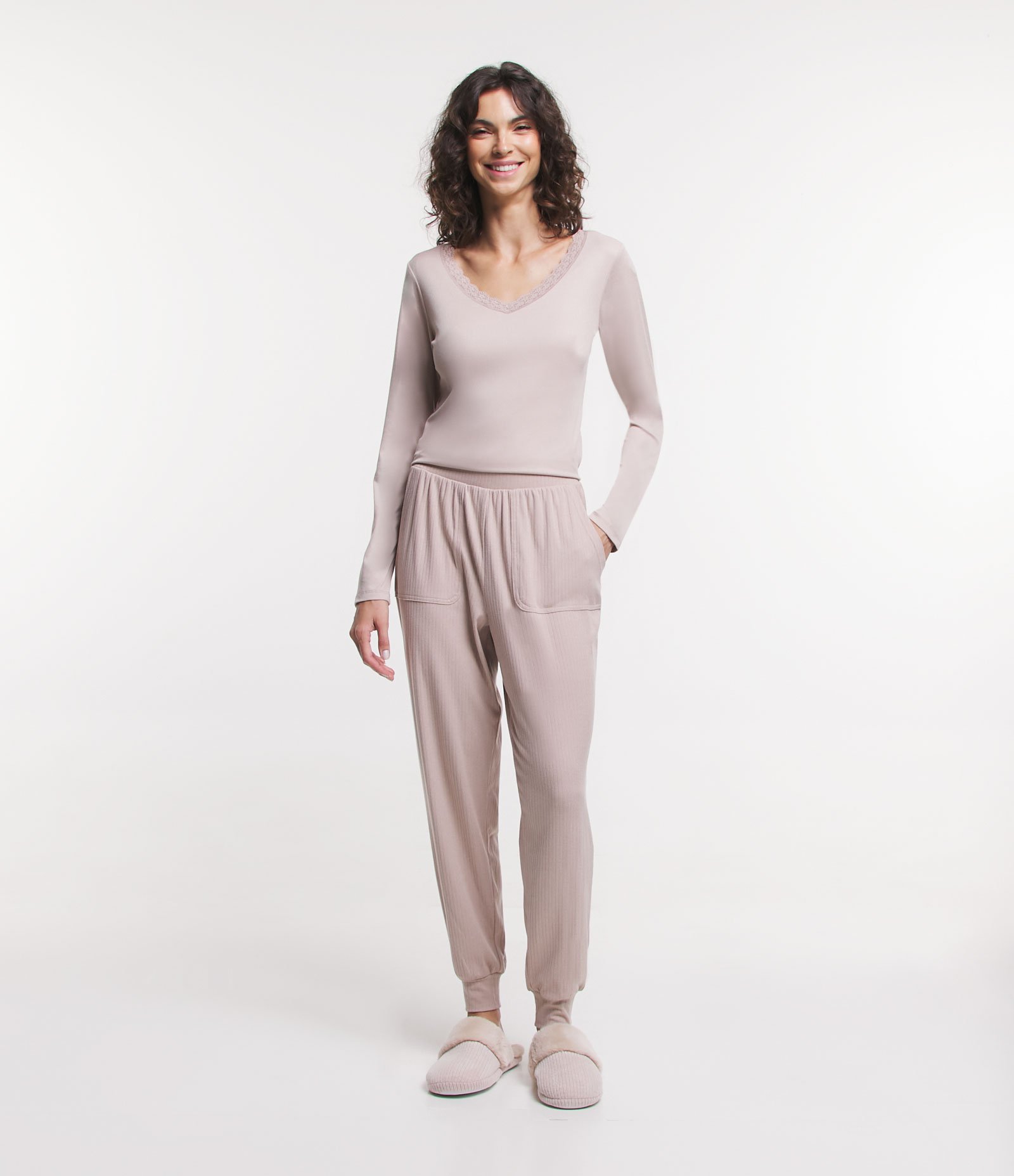 Blusa de Pijama em Ribana com Renda na Gola Rosa Antigo 2