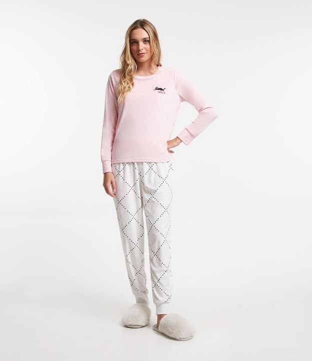 Pijama Longo em Plush com Estampa Gatinho de Óculos