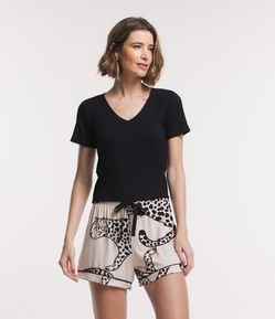 Pijama Short Doll em Ribana com Estampa Onça