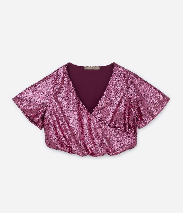 Blusa em Paetê com Decote Transpassado e Texturas Carnaval Curve & Plus Size Rosa 5