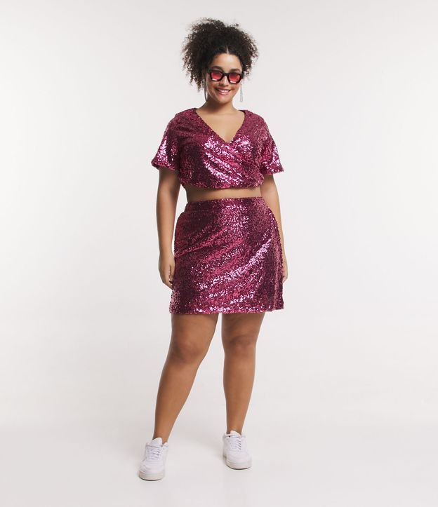 Blusa em Paetê com Decote Transpassado e Texturas Carnaval Curve & Plus Size Rosa 2