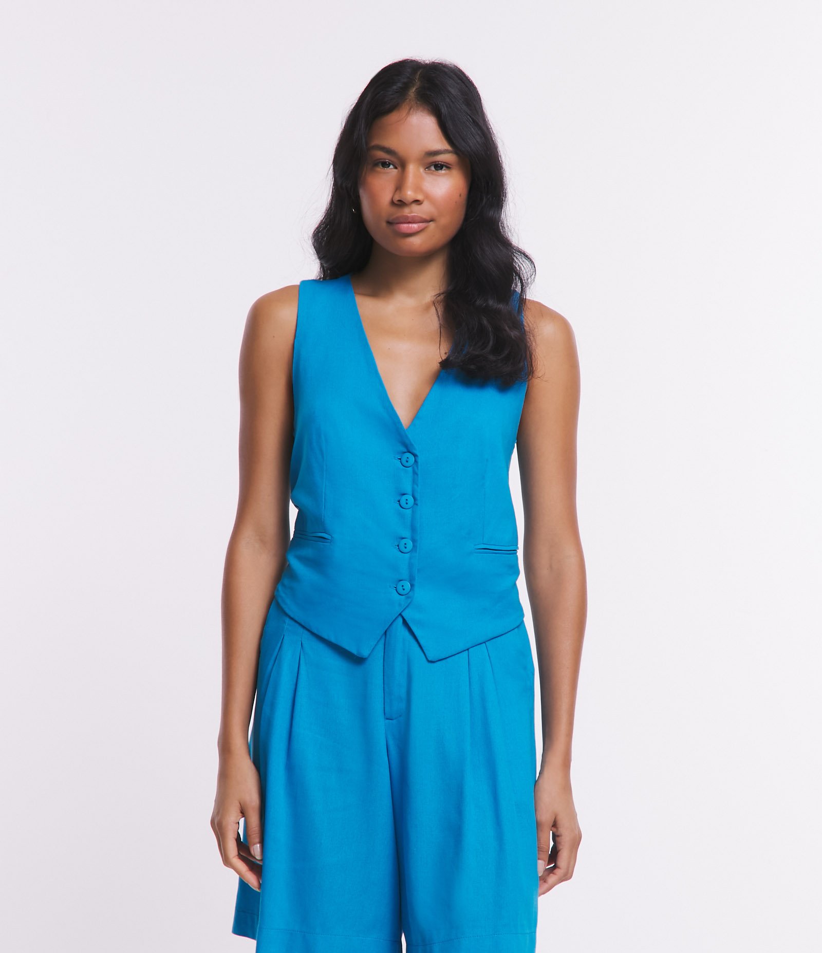 Colete em Linho com Botões e Lapela Azul 1