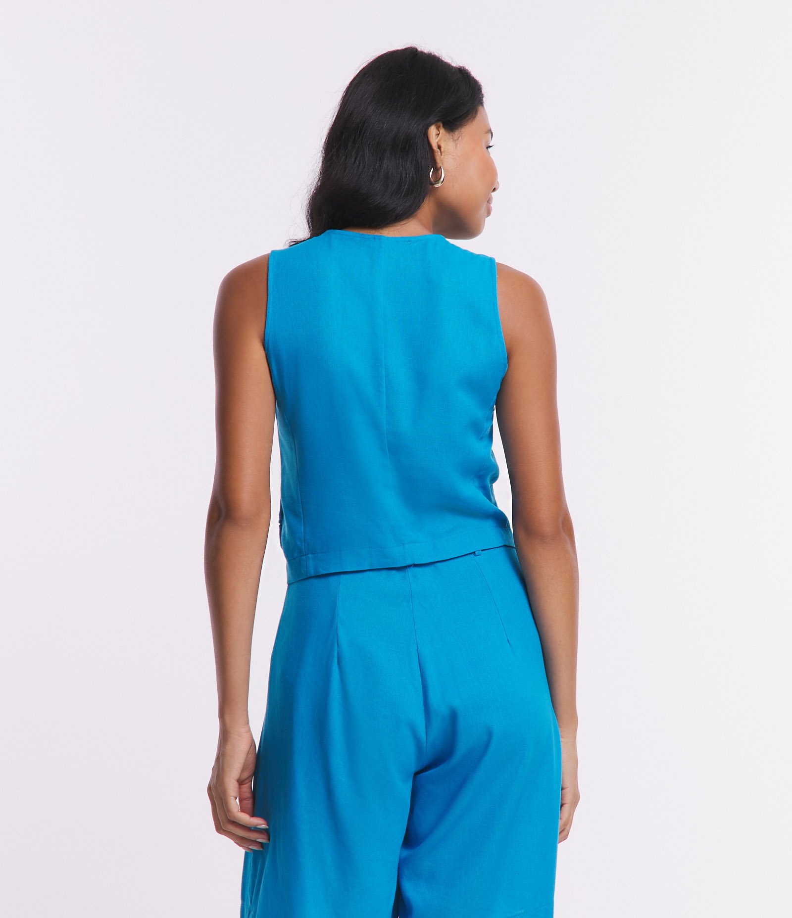 Colete em Linho com Botões e Lapela Azul 3