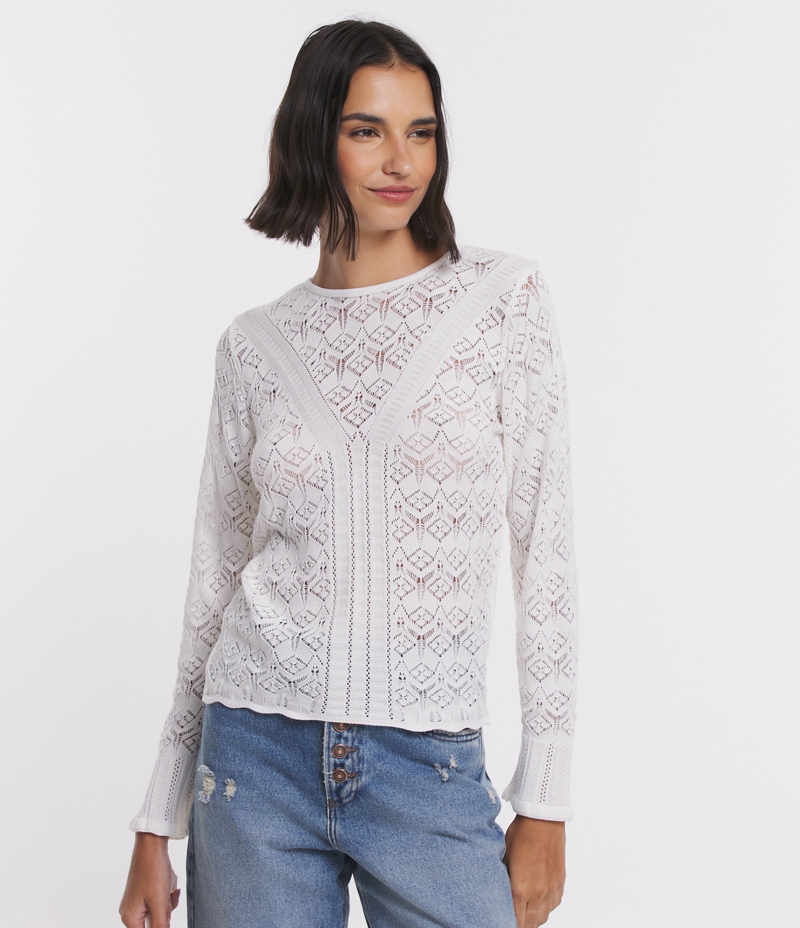Blusa em Tricô com Detalhes Vazados Off White 1