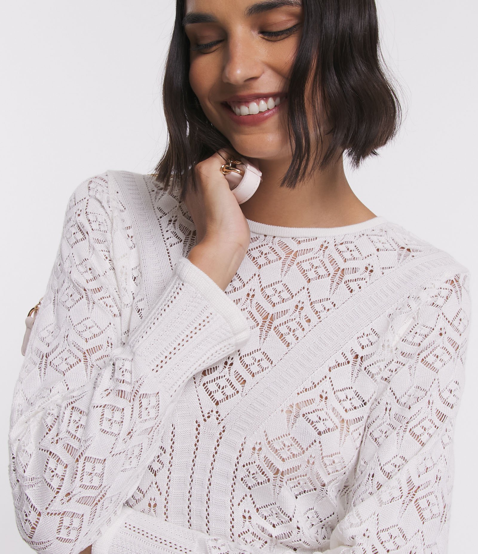 Blusa em Tricô com Detalhes Vazados Off White 3