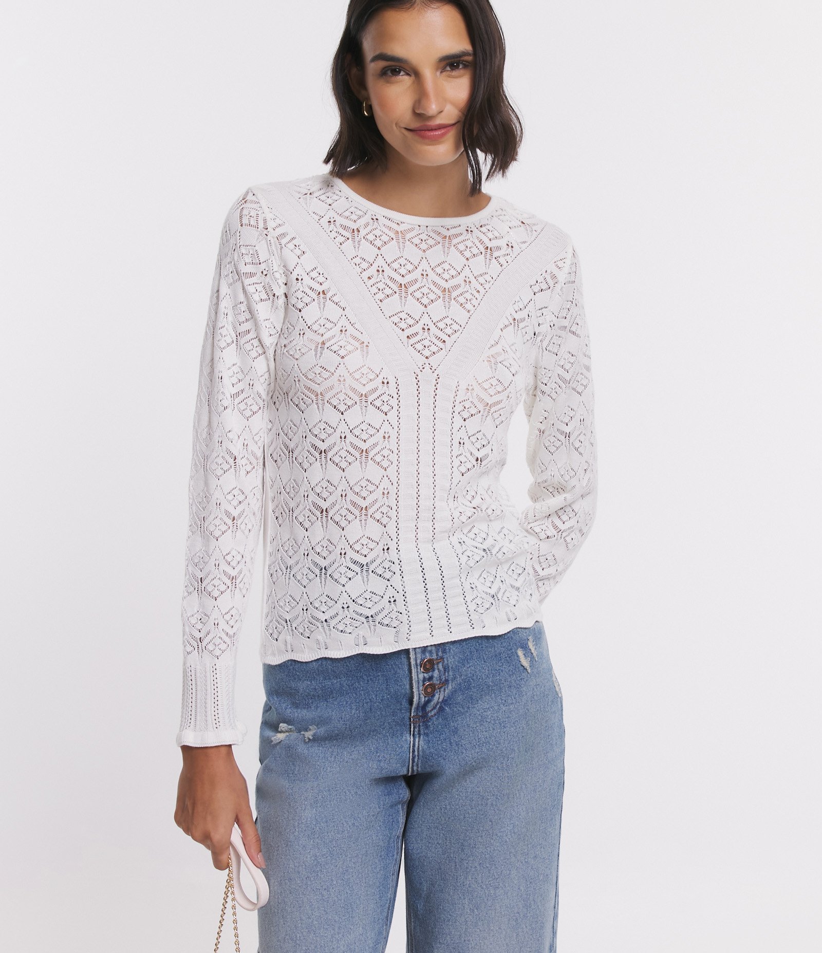 Blusa em Tricô com Detalhes Vazados Off White 5