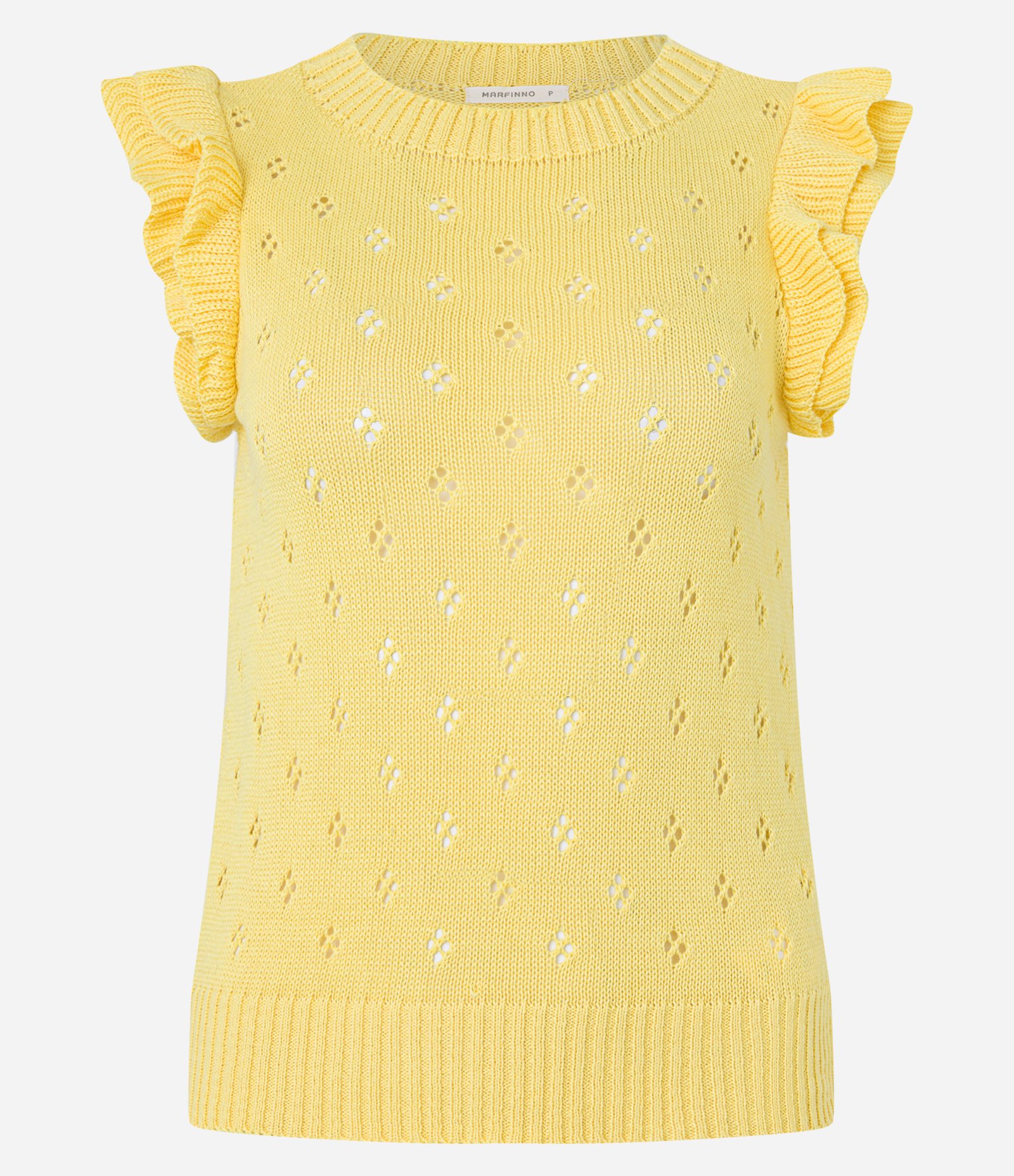 Blusa Sem Manga em Tricô Vazado com Babado no Ombro Amarelo 7