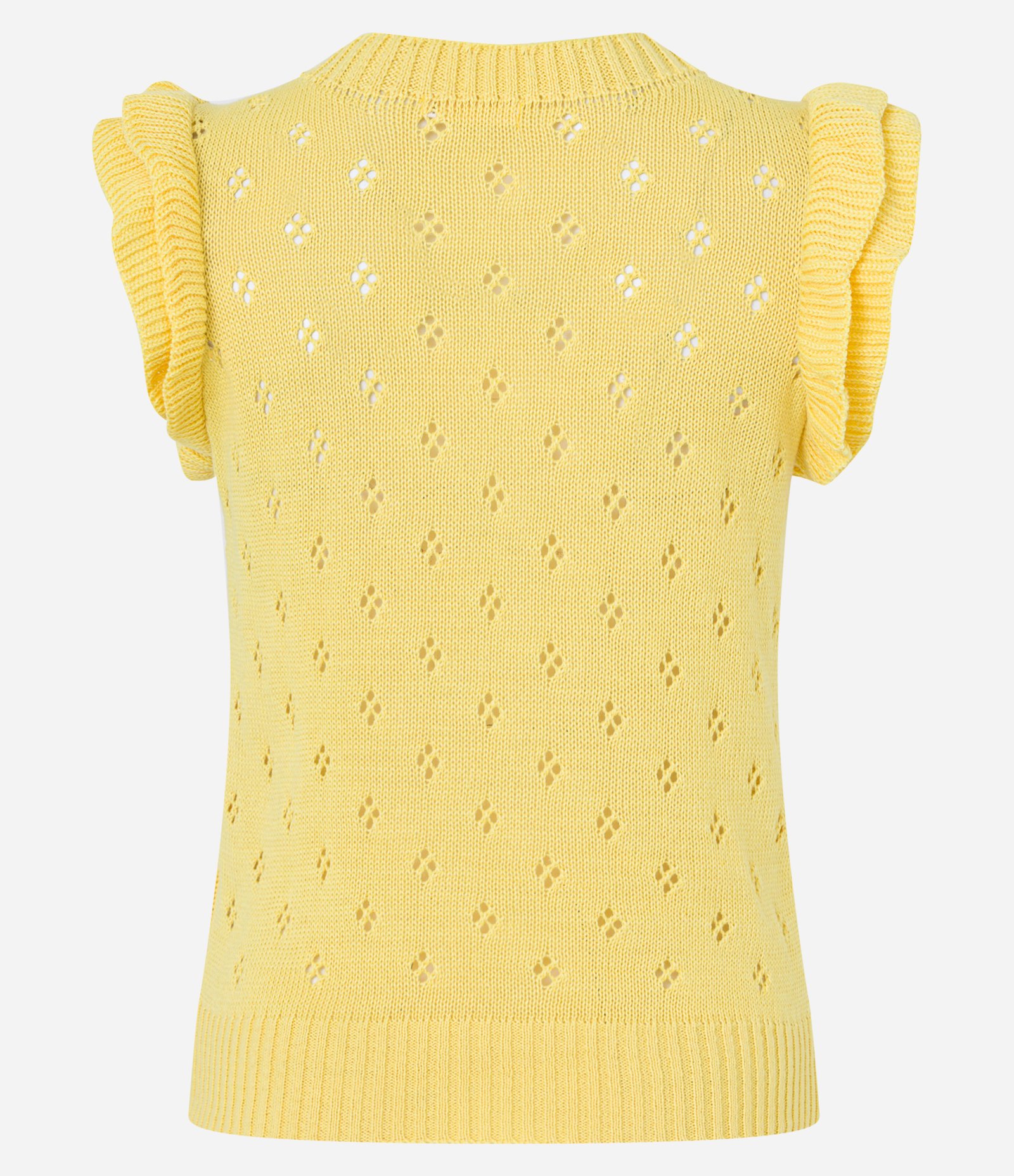 Blusa Sem Manga em Tricô Vazado com Babado no Ombro Amarelo 9