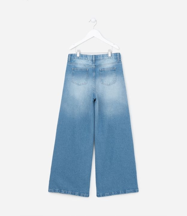 Calça Wide Leg Infantil em Jeans com Botão de Coração - Tam 5 a 14 anos Azul