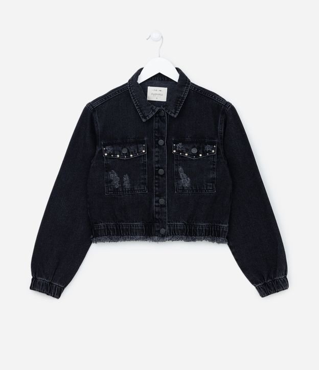 Jaqueta Bomber infantil em Jeans com Chatons - Tam 5 a 14 anos