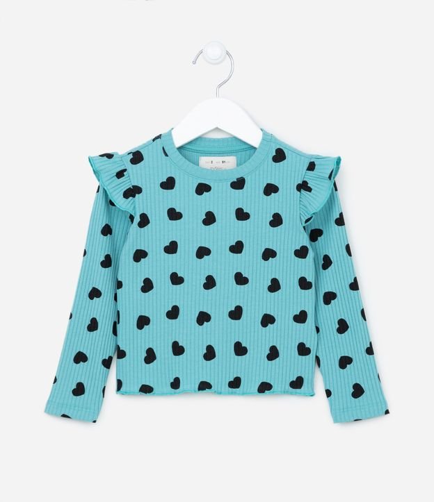 Blusa Canelada Infantil com Estampa de Corações - Tam 1 a 5 anos Azul 1