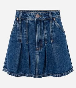 Saia Curta em Jeans com Pregas e Bolsos