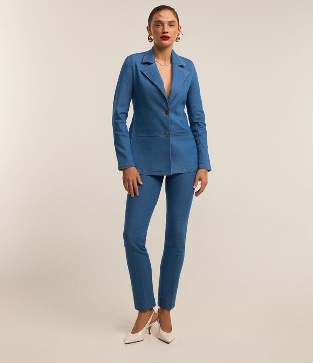 Blazer Alfaiatado em Jeans com Botões e Costura Aparente