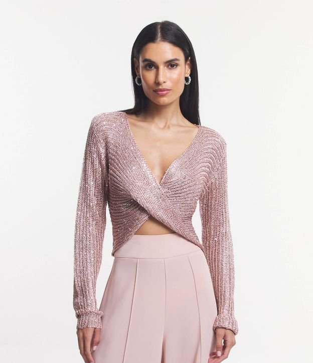 Blusa Cropped em Tricô com Paetês e Busto Transpassado