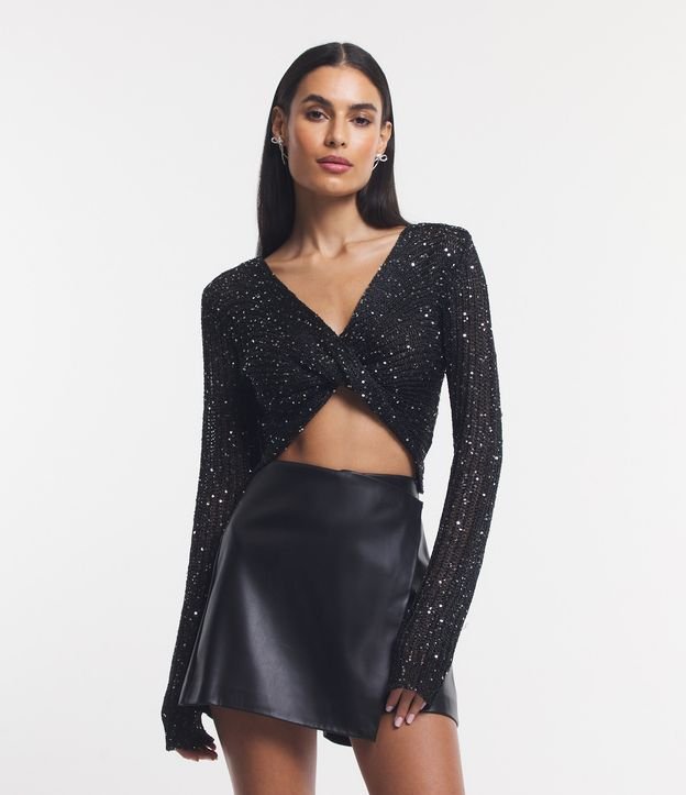 Blusa Cropped em Tricô com Paetês e Busto Transpassado