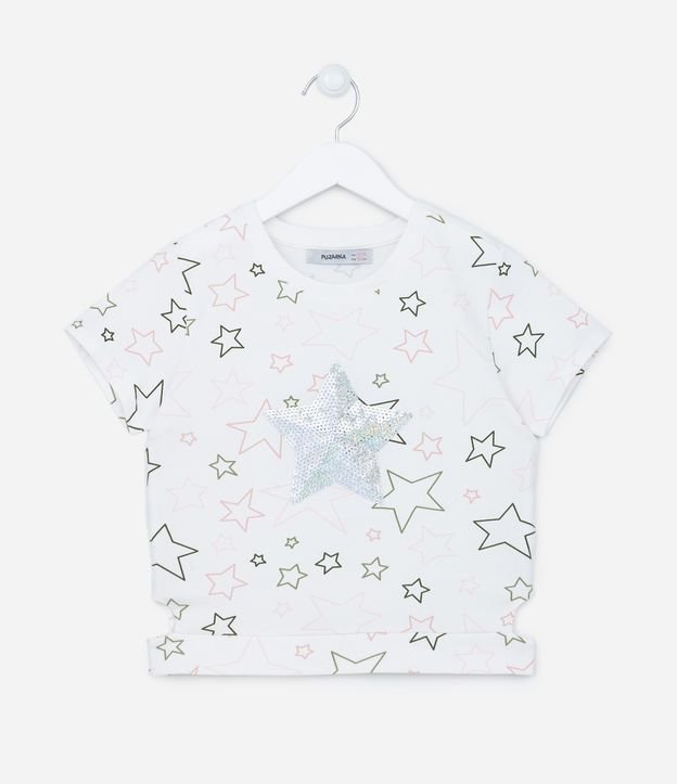 Blusa Manga Curta Infantil com Estampa de Estrela de Paetê - Tam 5 a 14 anos