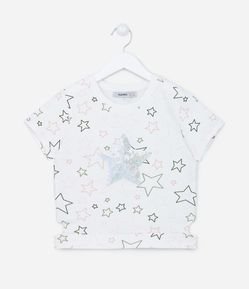 Blusa Manga Curta Infantil com Estampa de Estrela de Paetê - Tam 5 a 14 anos