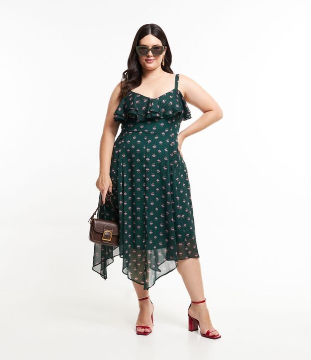 Vestido Midi de Chiffon com Estampa de Flores e Babados Assimétricos Curve & Plus Size