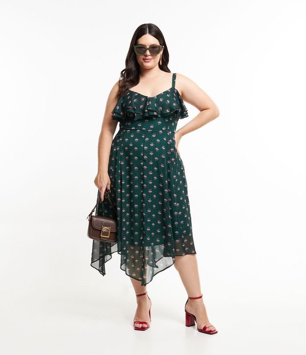 Vestido Midi de Chiffon com Estampa de Flores e Babados Assimétricos Curve & Plus Size Verde Escuro 1