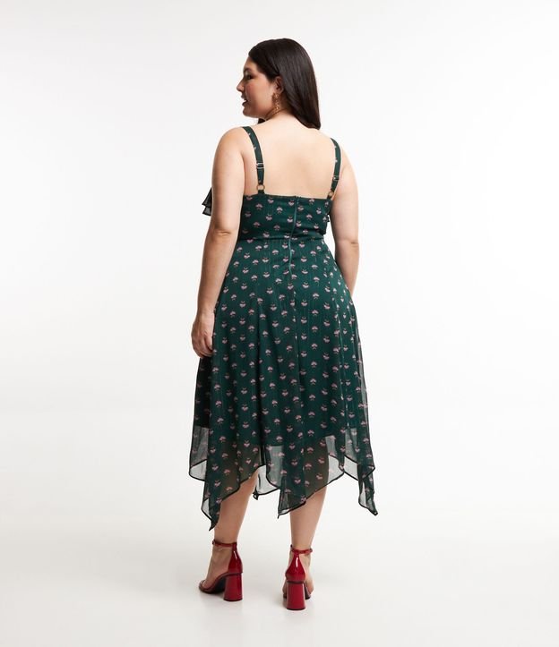Vestido Midi de Chiffon com Estampa de Flores e Babados Assimétricos Curve & Plus Size Verde Escuro 2