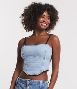 Blusa Cropped em Jeans com Alça Contrastante e Zíper nas Costas
