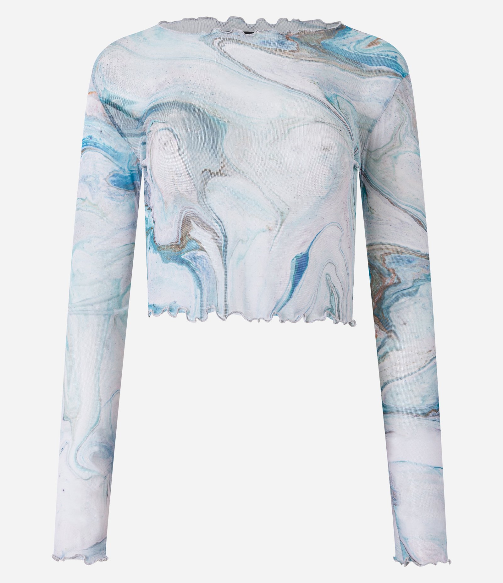Blusa Cropped em Tule com Frufru e Estampa Abstrata Manchadinha Azul 5