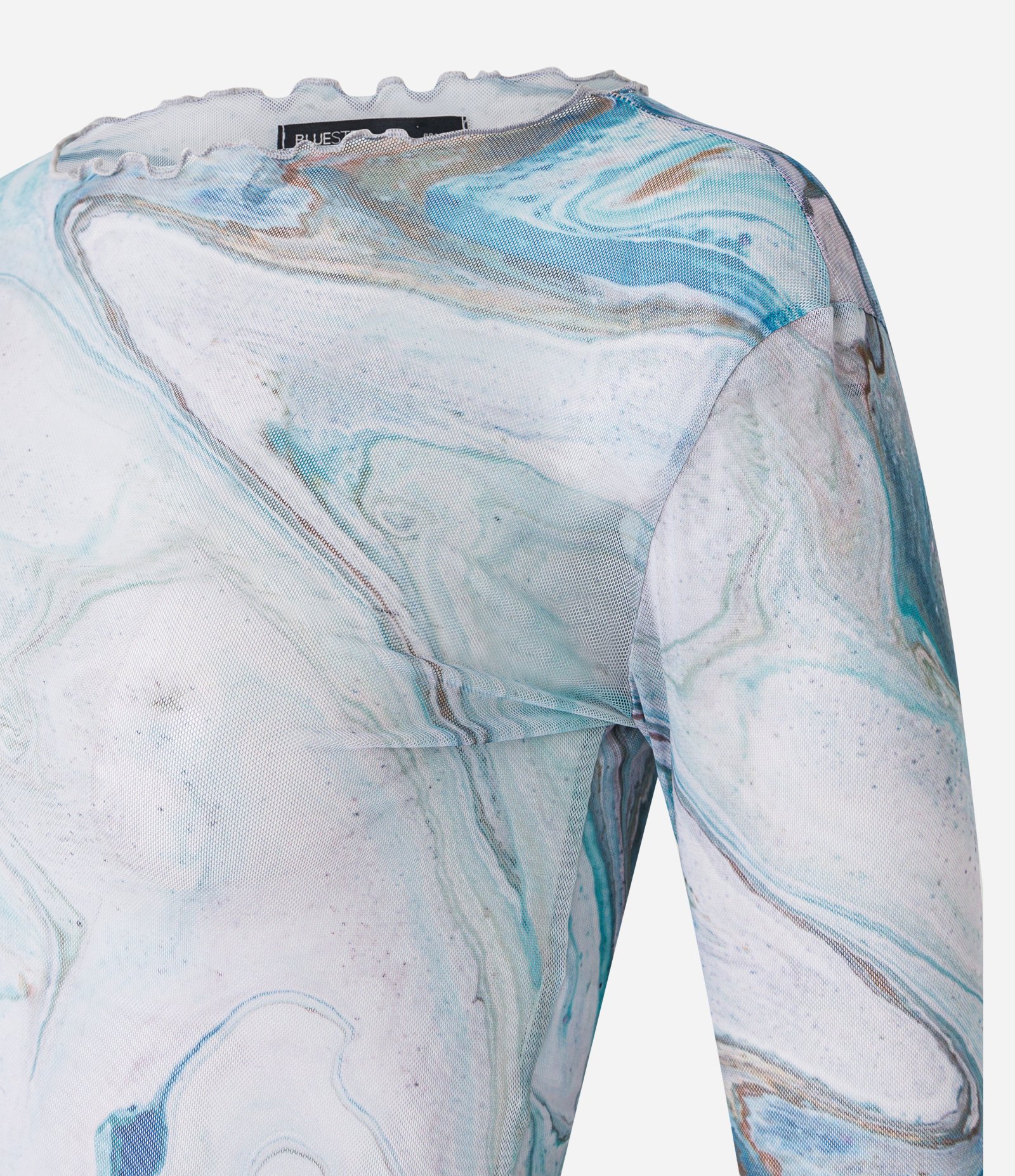 Blusa Cropped em Tule com Frufru e Estampa Abstrata Manchadinha Azul 6