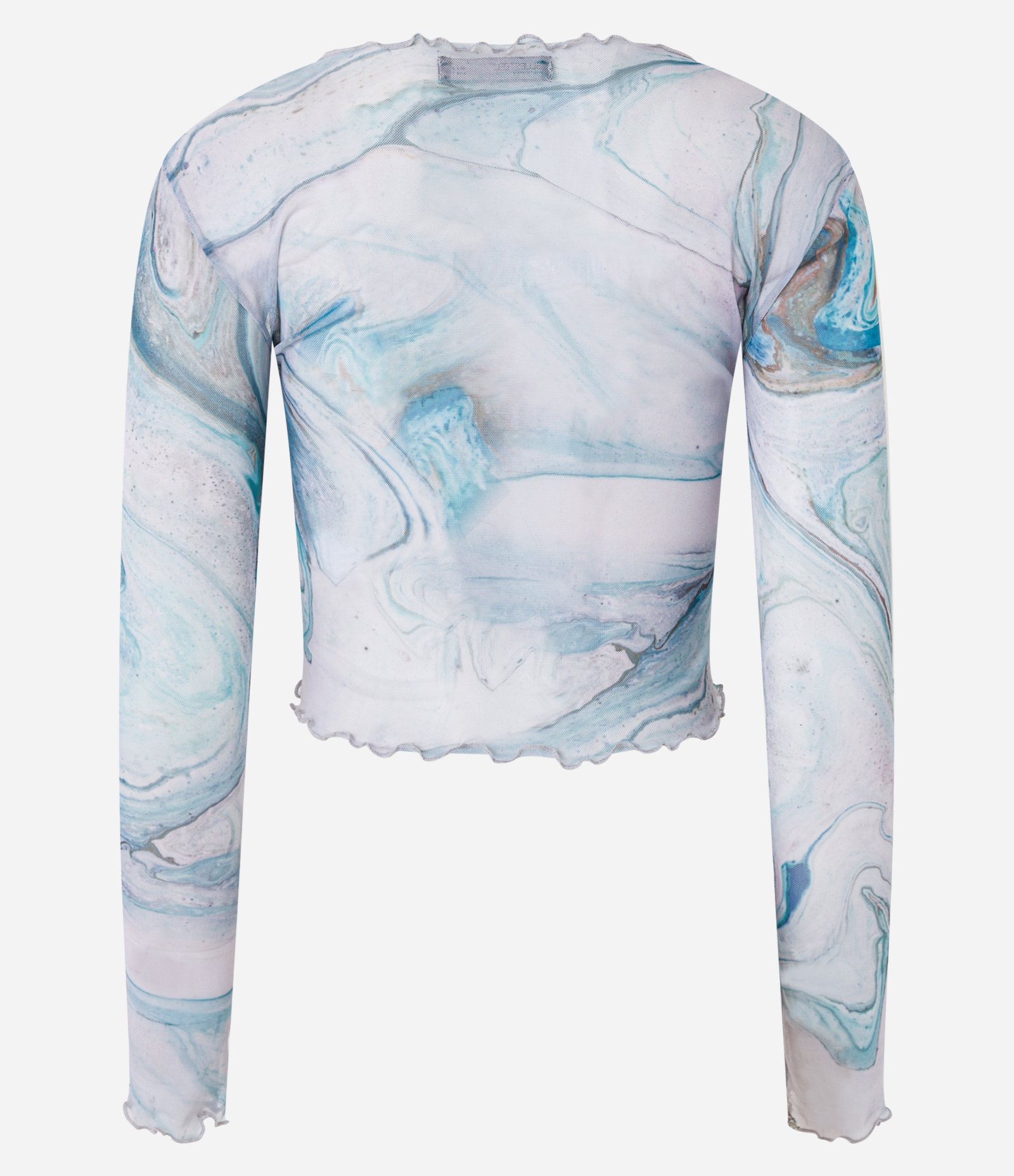 Blusa Cropped em Tule com Frufru e Estampa Abstrata Manchadinha Azul 7