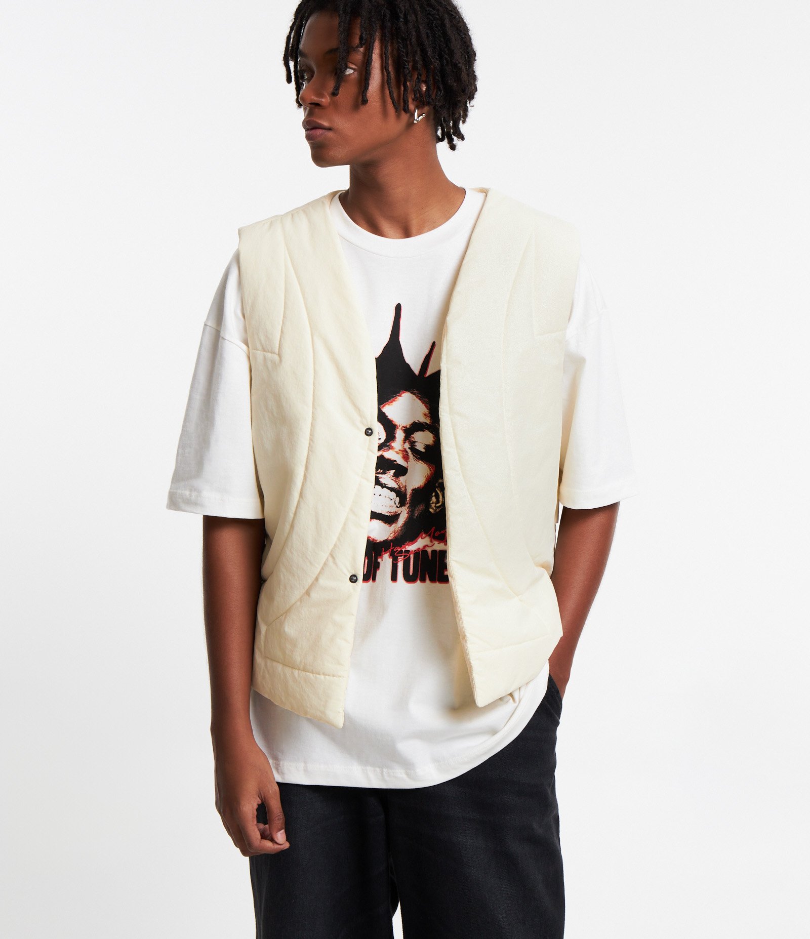 Colete Puffer em Poliamida com Tira Lateral Bege 1