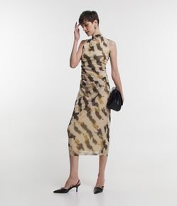 Vestido New Midi em Meia Malha com Golinha Alta e Estampa Abstrata