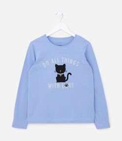 Camiseta Manga Longa Infantil com Estampa de Gatinho - Tam 5 a 14 anos