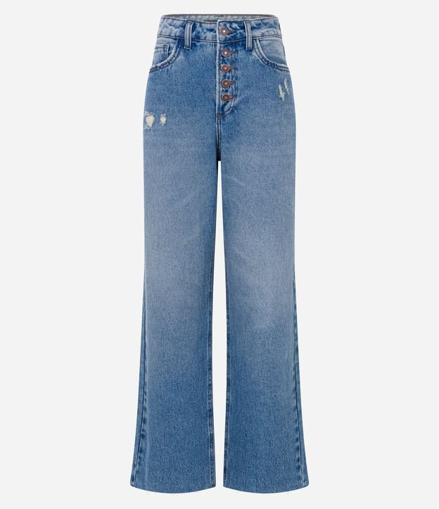 Calça Reta Jeans Ampla com Botões Azul 6