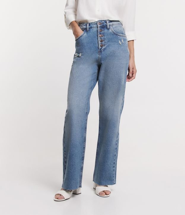 Calça Reta Jeans Ampla com Botões Azul 2