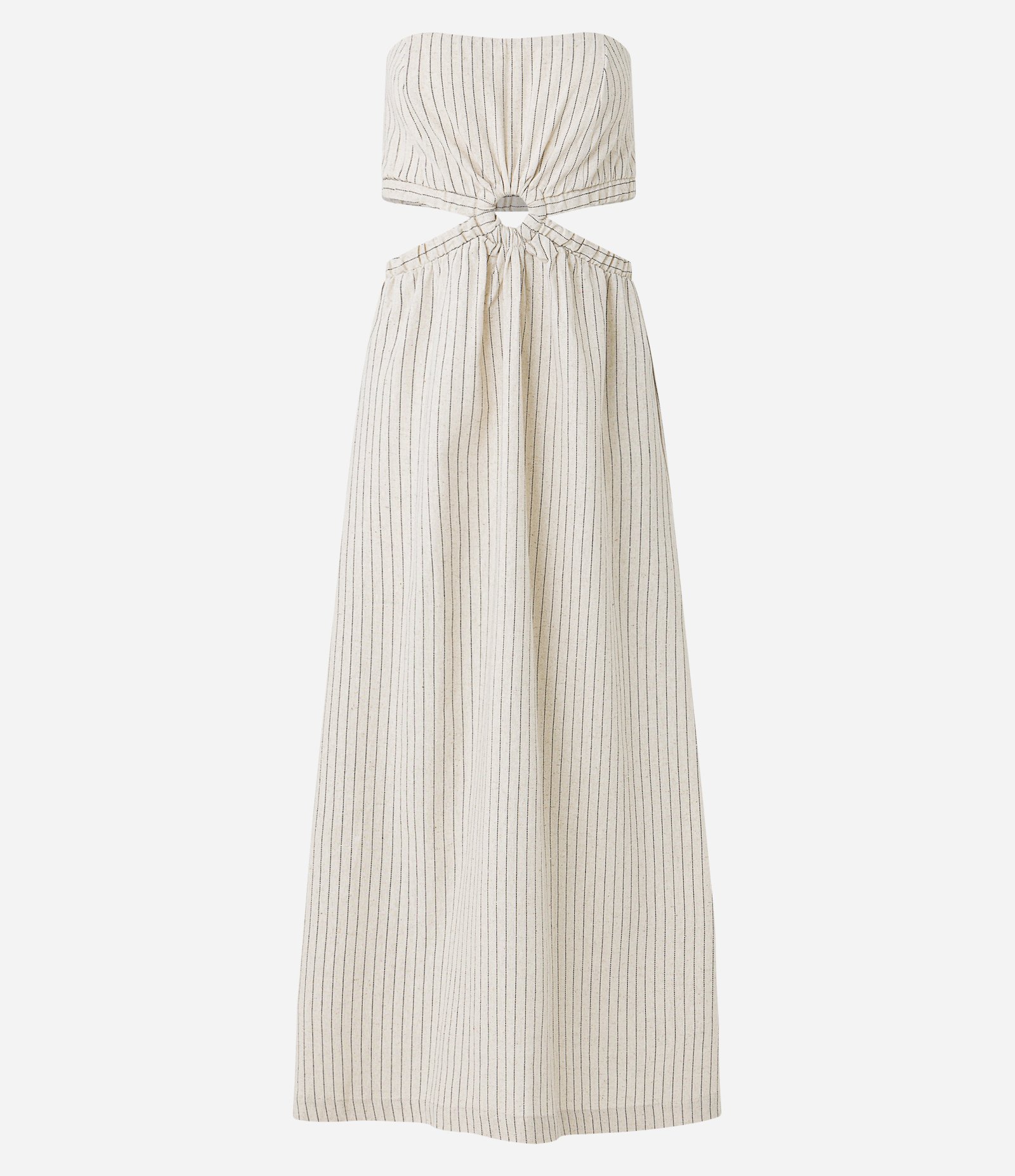 Vestido New Midi em Linho Tomara que Caia em Listras Bege 6