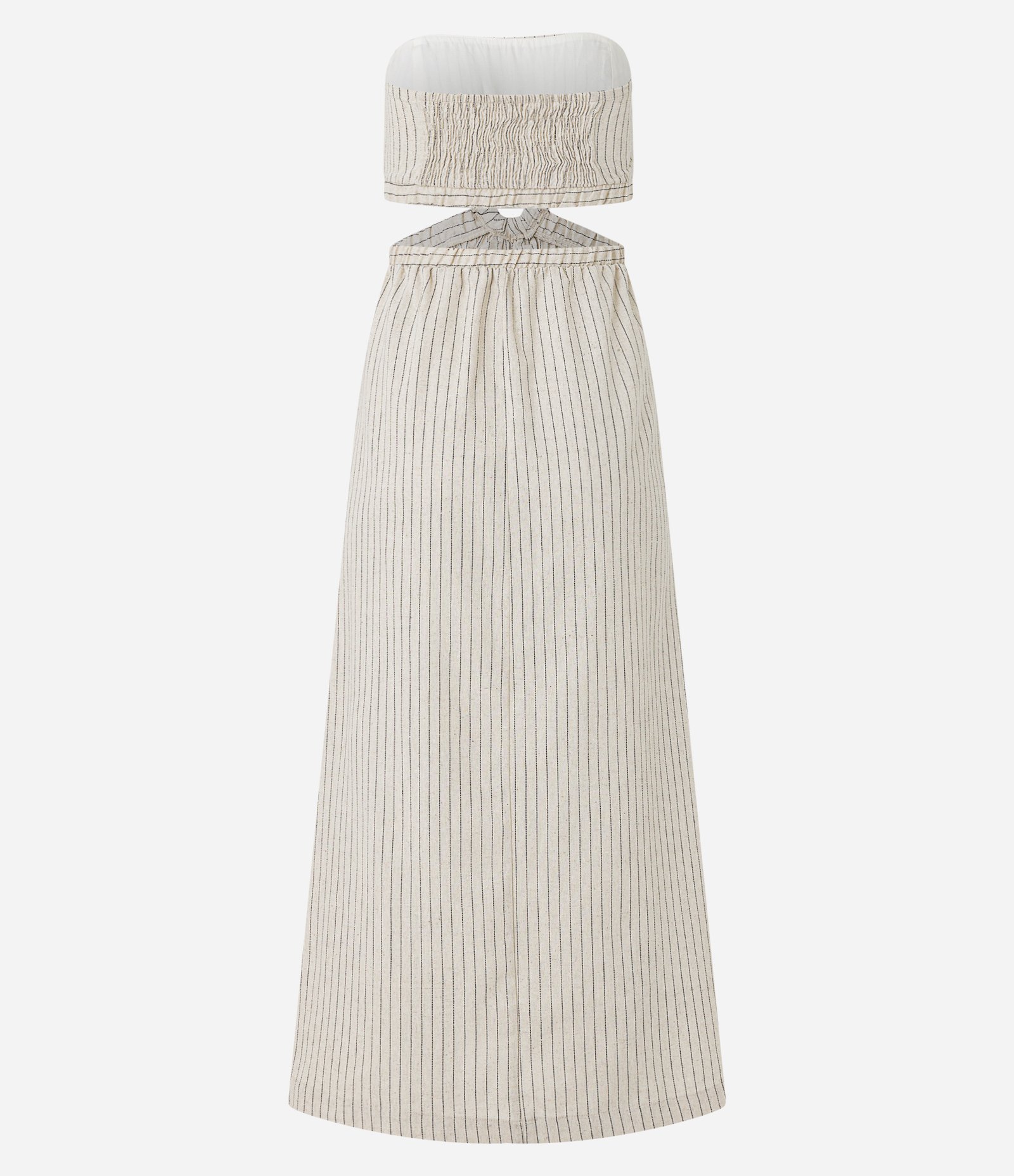 Vestido New Midi em Linho Tomara que Caia em Listras Bege 7