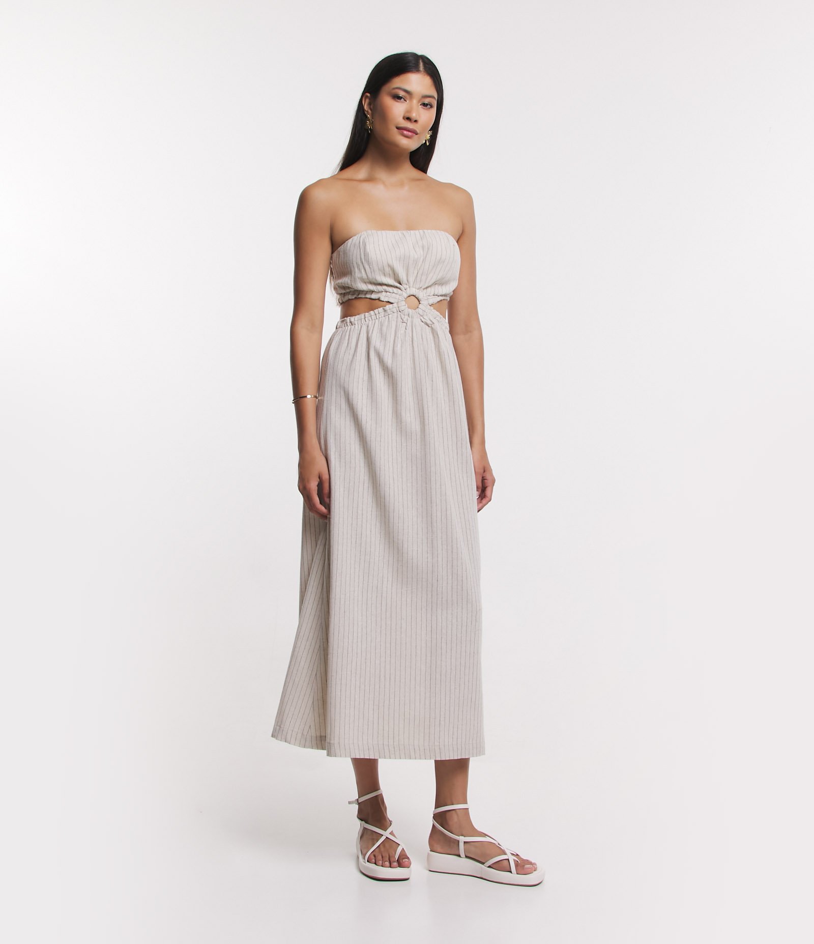 Vestido New Midi em Linho Tomara que Caia em Listras Bege 1