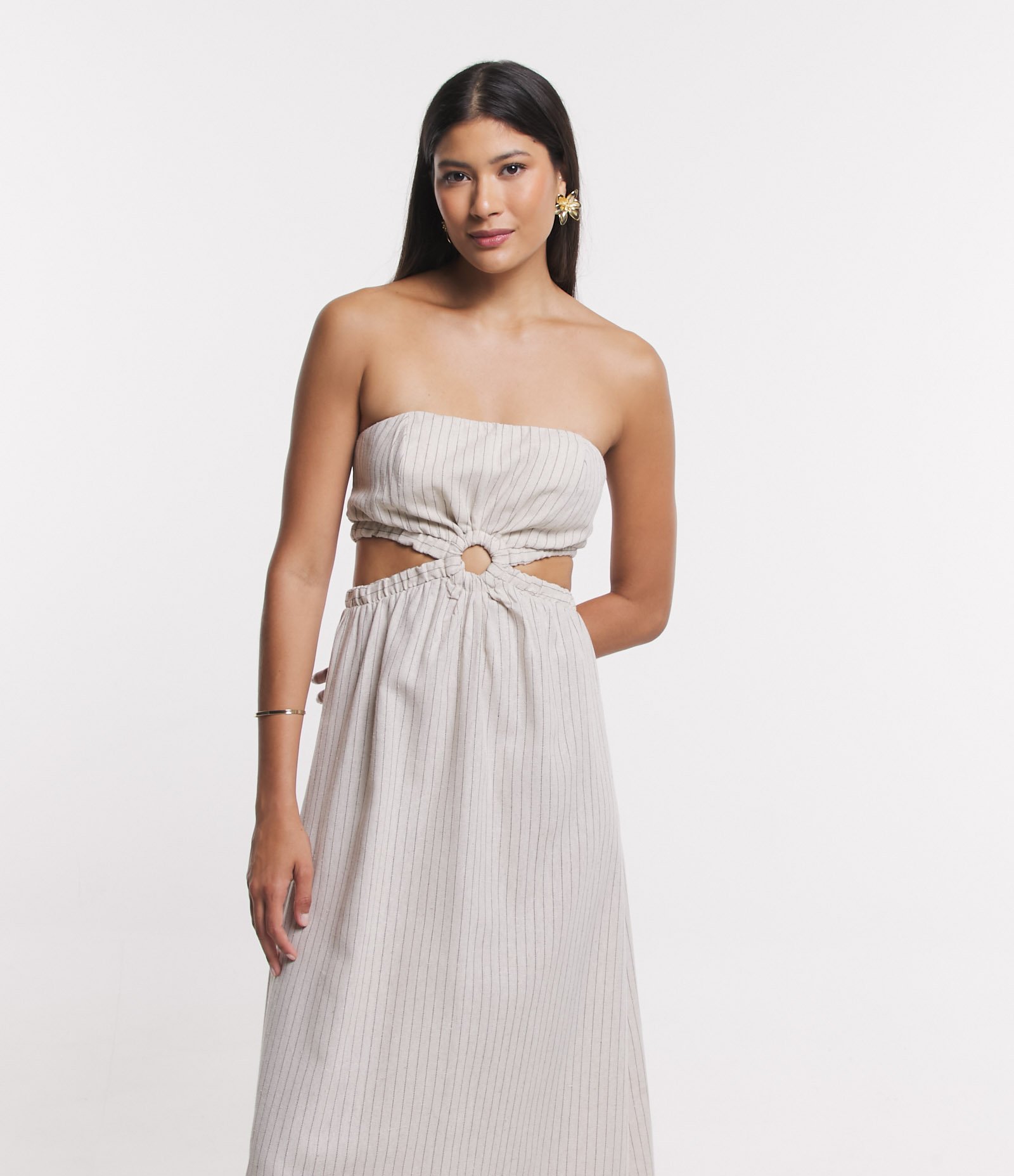 Vestido New Midi em Linho Tomara que Caia em Listras Bege 2