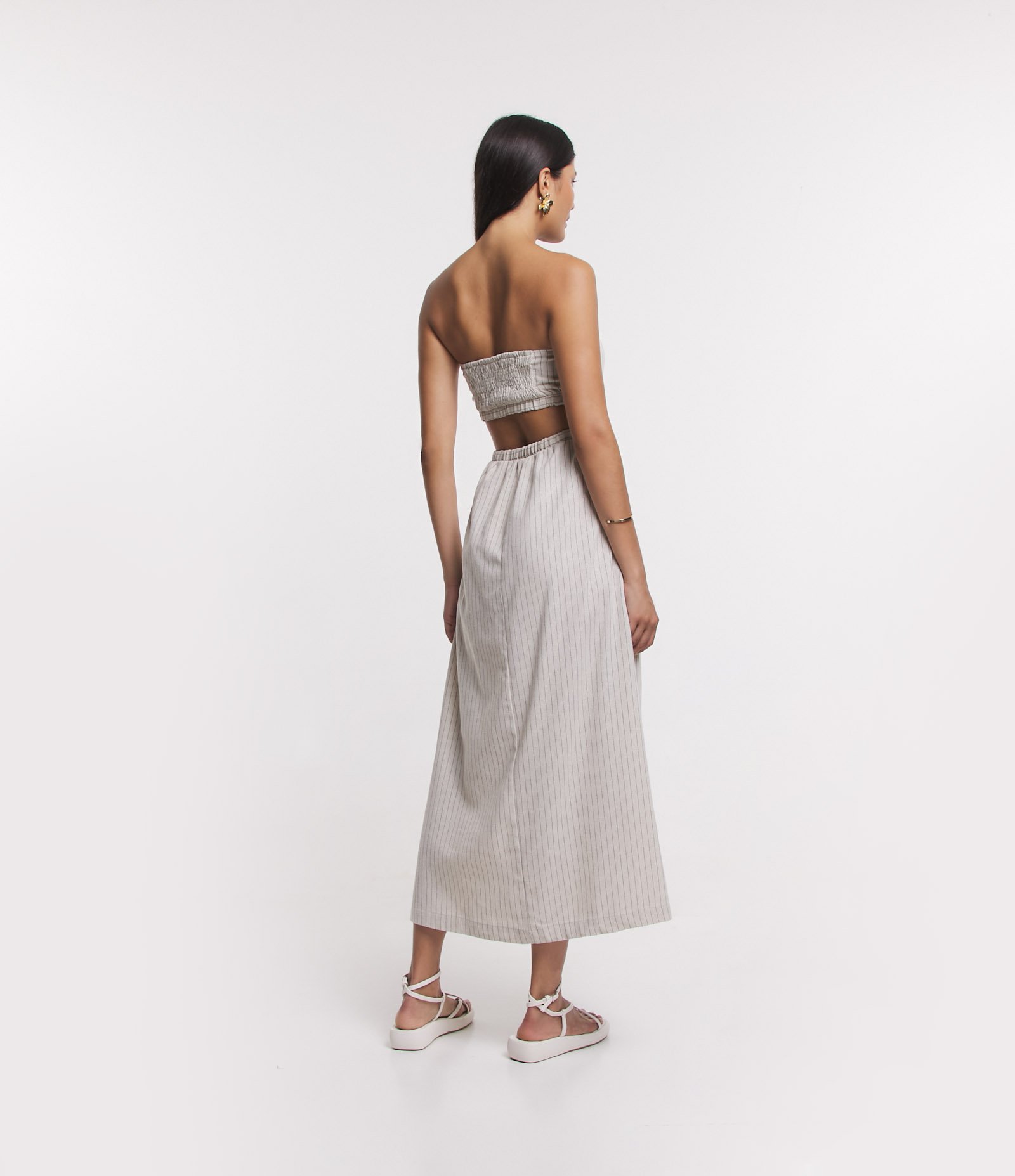 Vestido New Midi em Linho Tomara que Caia em Listras Bege 3