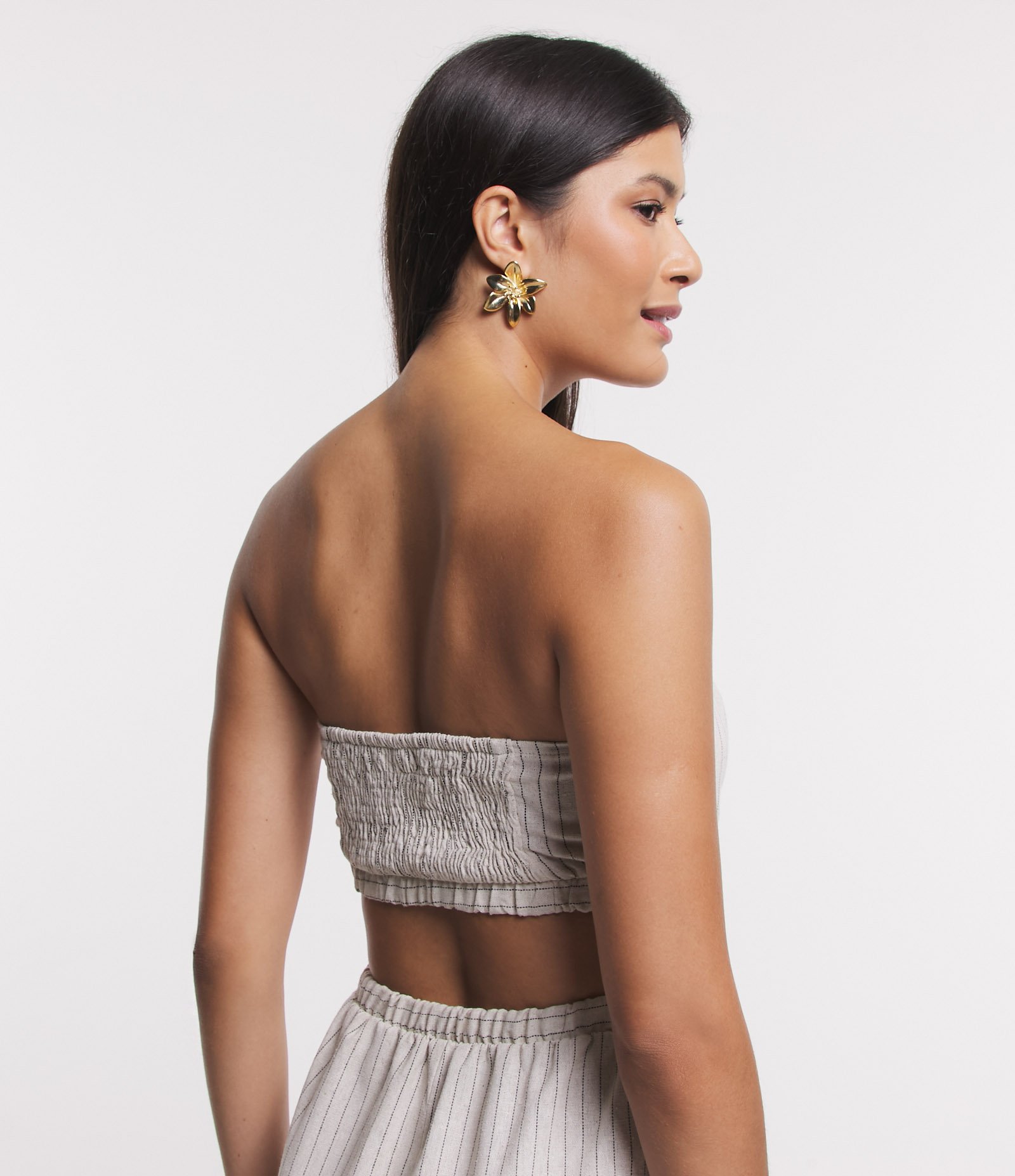 Vestido New Midi em Linho Tomara que Caia em Listras Bege 5