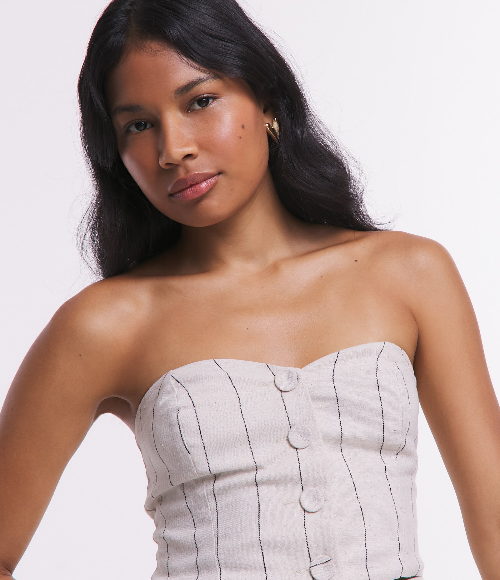 Blusa Tomara que Caia em Linho com Botões e Listras Bege 4