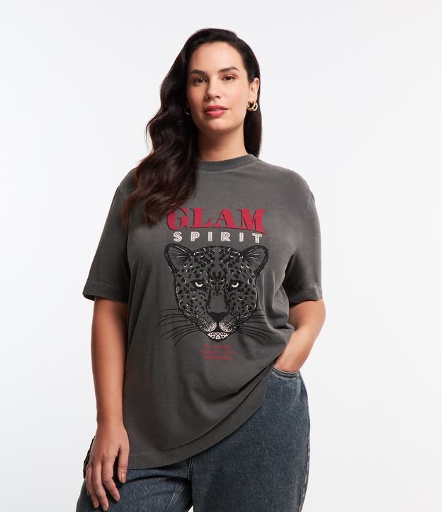 Camiseta Alongada em Algodão Estonado com Estampa Onça Glam Spirit Curve & Plus Size Cinza Estonado 1