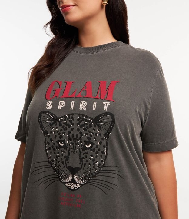 Camiseta Alongada em Algodão Estonado com Estampa Onça Glam Spirit Curve & Plus Size Cinza Estonado 4