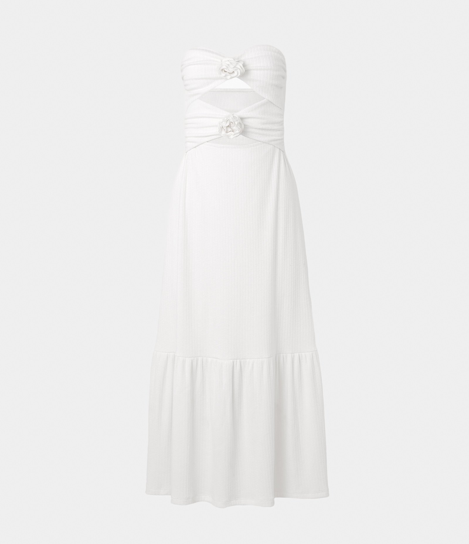 Vestido Midi Canelado com Aberturas Vazadas e Flores Aplicadas Branco 5